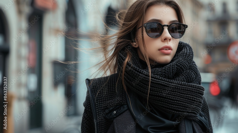 a woman wearing a sophisticated, high-end digital smart fashion scarf. She is also adorned in stylish sunglasses and a chic winter outfit, set against an urban backdrop. a woman wearing a sophisticated, high-end digital smart fashion scarf. She is also adorned in stylish sunglasses and a chic winter outfit, set against an urban backdrop.