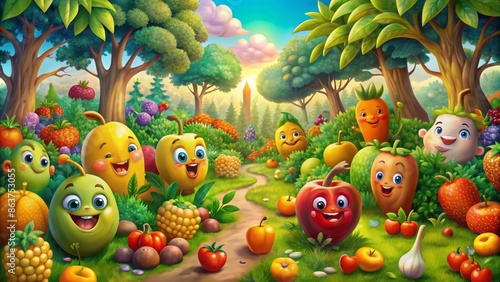 Vibrant, colorful cartoon fruits, including smiling apples, bananas, and oranges, gather together in a whimsical, fantastical, fruit-filled forest landscape. © DigitalArt Max