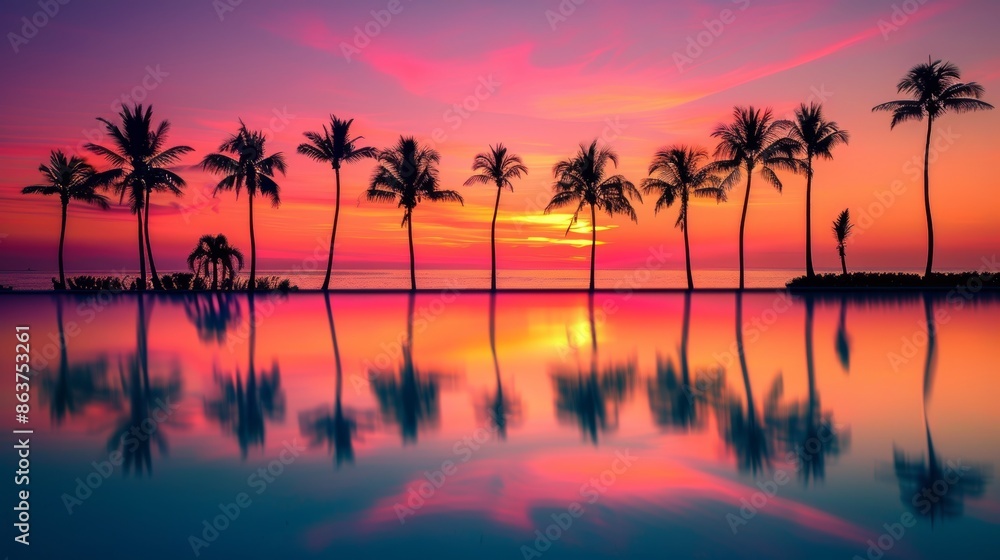 Picture-perfect tropical paradise with palm trees silhouetted against a vibrant sunset reflecting on calm waters. Picture-perfect tropical paradise with palm trees silhouetted against a vibrant sunset reflecting on calm waters.