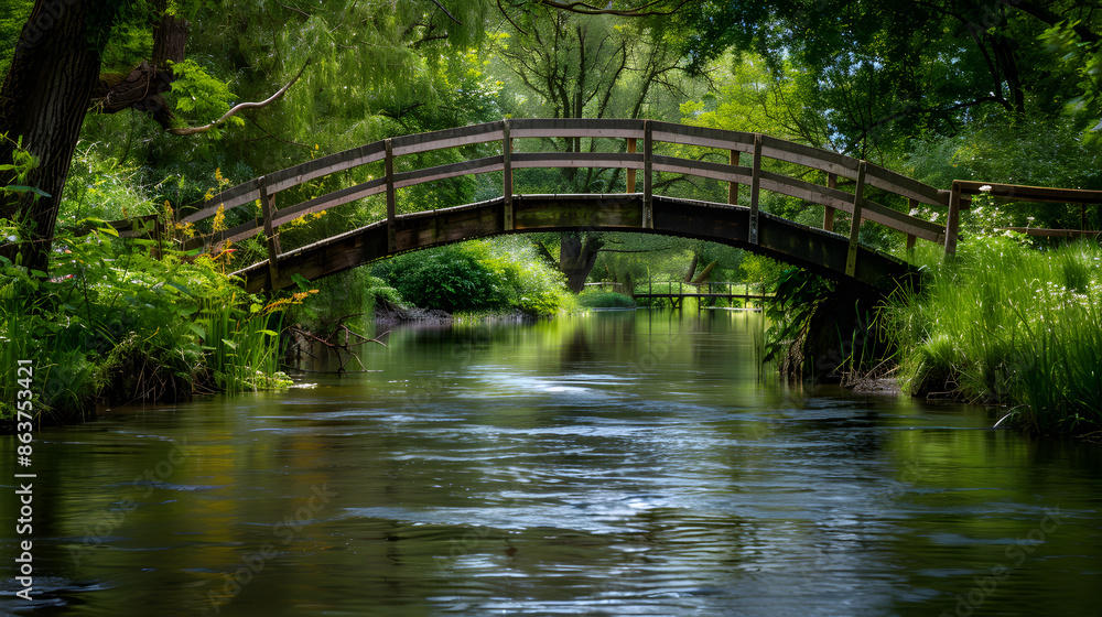 A peaceful river flows gently under a wooden bridge, surrounded by lush greenery and tranquility. A peaceful river flows gently under a wooden bridge, surrounded by lush greenery and tranquility.