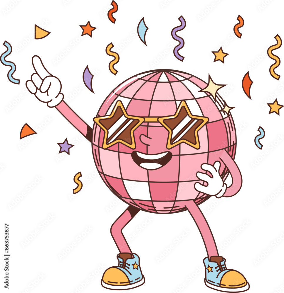 Fototapeta Retro groovy disco ball character at dance party. Isolated vector mirror ball personage with sparkling, multi-colored facets and star- shaped sunglasses, radiating funky hippie dance-floor energy