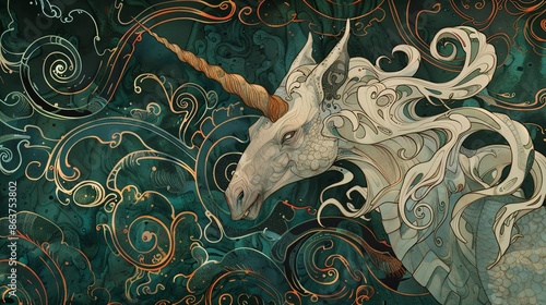 Amdusias A unicornheaded demon, depicted with ornate and flowing designs, Art Nouveau photo