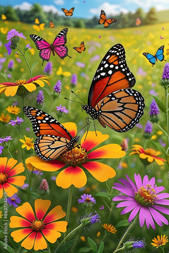 A colorful butterfly with black wings feeds on nectar from a bright orange flower in a summer garden A colorful butterfly with black wings feeds on nectar from a bright orange flower in a summer garden