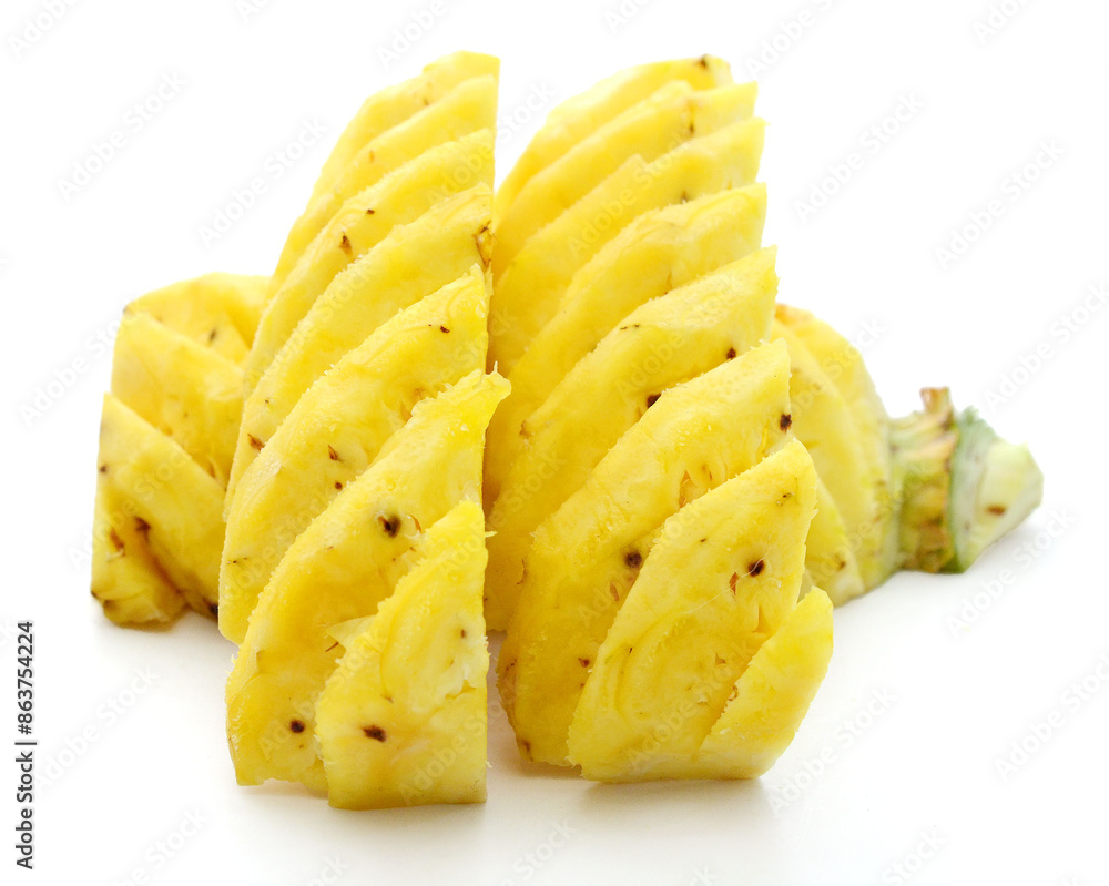 Fresh ripe pineapple, pineapple fruit slice isolated. Juicy fruit composition design element with stacked focus, white background. Tropical fruit delicious ingredients, healthy nutrition concept Fresh ripe pineapple, pineapple fruit slice isolated. Juicy fruit composition design element with stacked focus, white background. Tropical fruit delicious ingredients, healthy nutrition concept