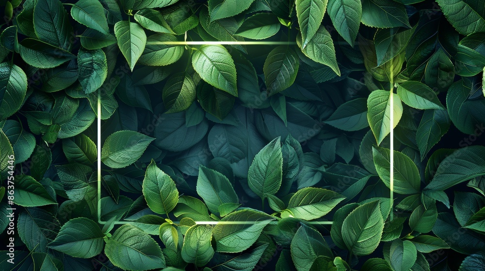 Obraz premium A neon frame with a border of vibrant green leaves, symbolizing growth, renewal, and the beauty of nature.