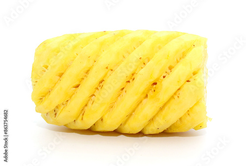 Fresh ripe pineapple, pineapple fruit slice isolated. Juicy fruit composition design element with stacked focus, white background. Tropical fruit delicious ingredients, healthy nutrition concept