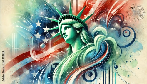 Abstract Artistic Statue of Liberty with American Flag Colors and Fireworks

