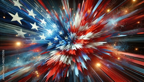 Abstract American flag explosion, USA patriotic theme, Independence Day celebration, red white and blue burst, fireworks and stars, 2024 Summer Olympics