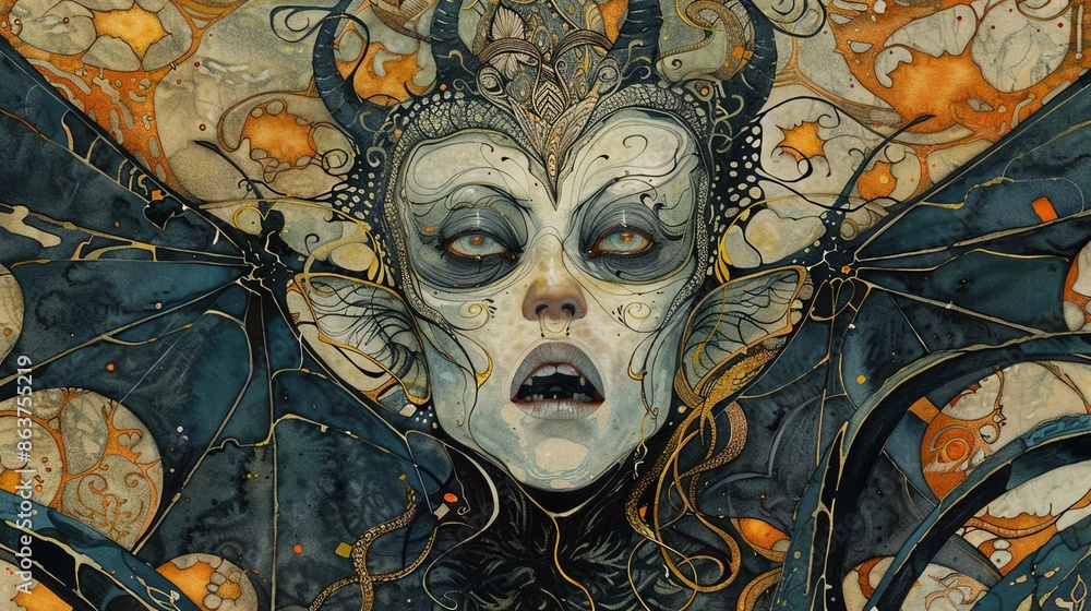 Ronove A marquis with a monstrous face, depicted with elegant and intricate patterns, Art Nouveau Ronove A marquis with a monstrous face, depicted with elegant and intricate patterns, Art Nouveau