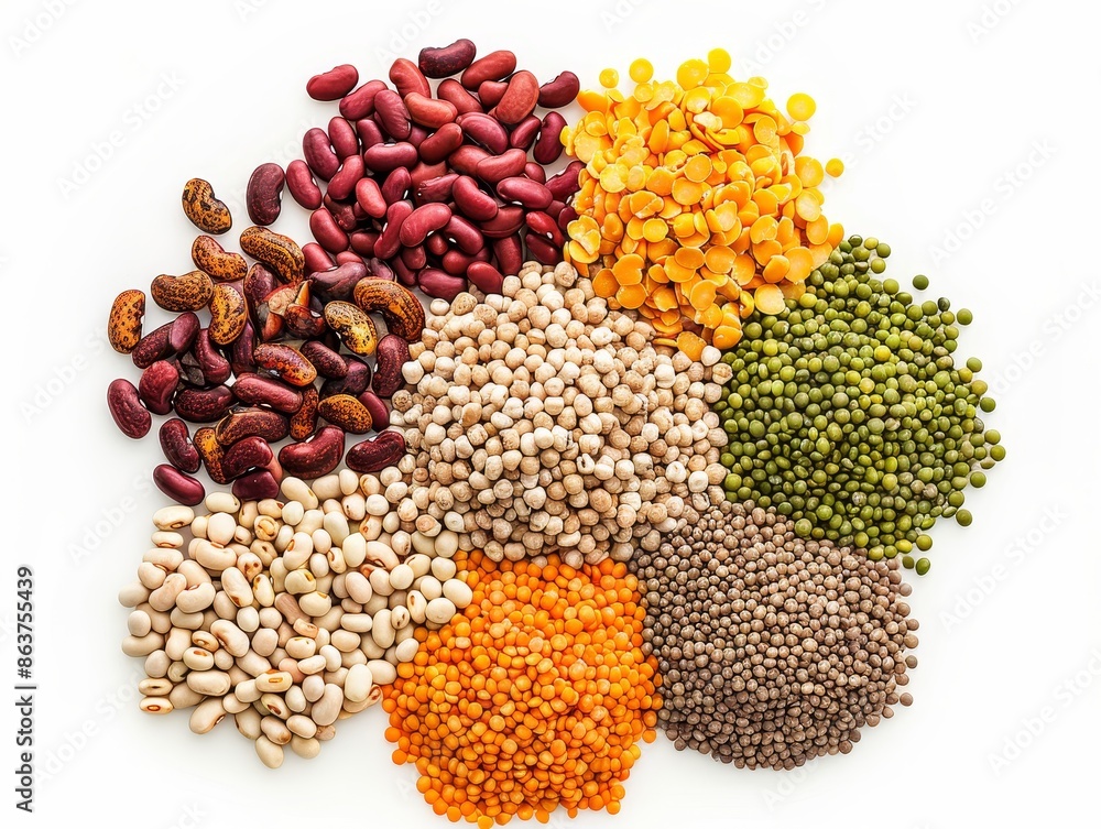 Protein-rich and fiber-packed legumes in vertical format from above on white Protein-rich and fiber-packed legumes in vertical format from above on white
