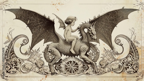 Valac A winged child riding a twoheaded dragon, surrounded by intricate and elegant patterns, Art Nouveau photo