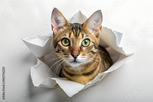 Tabby Toyger cat tearing through a white paper background and reaching out, isolated on white photo