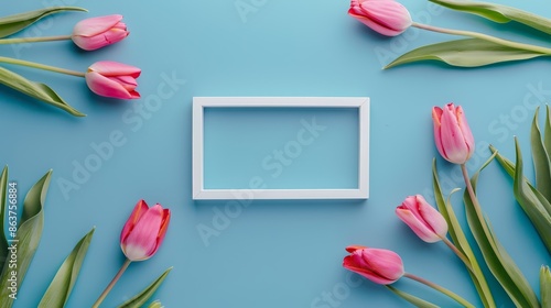 White frame mockup surrounded by colorful tulip flowers on a calm blue background #863756884