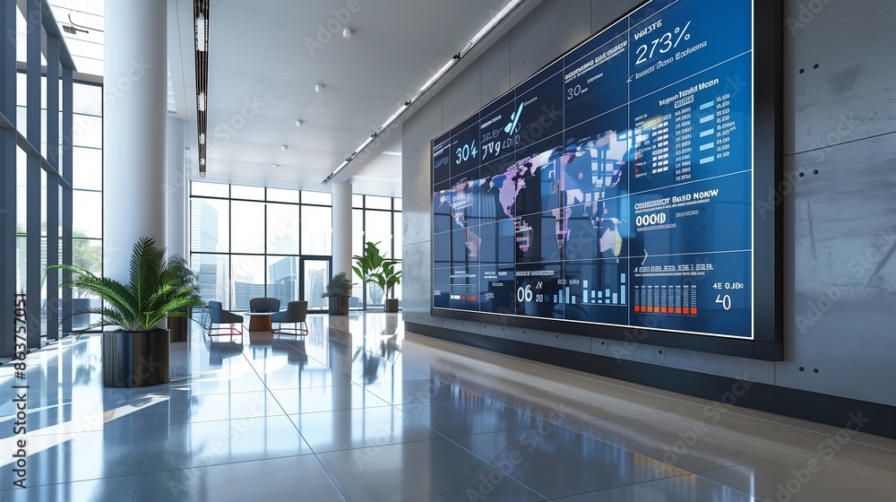 A modern officea??s interactive lobby with a large digital display wall showcasing real-time company metrics and news A modern officea??s interactive lobby with a large digital display wall showcasing real-time company metrics and news