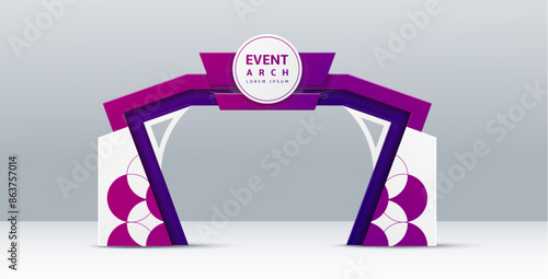 Event arch, entrance gate and entry welcome archway mockup, vector 3D template. Event arch for exhibition or expo, entertainment event entrance or sport marathon start and finish gate in purple design