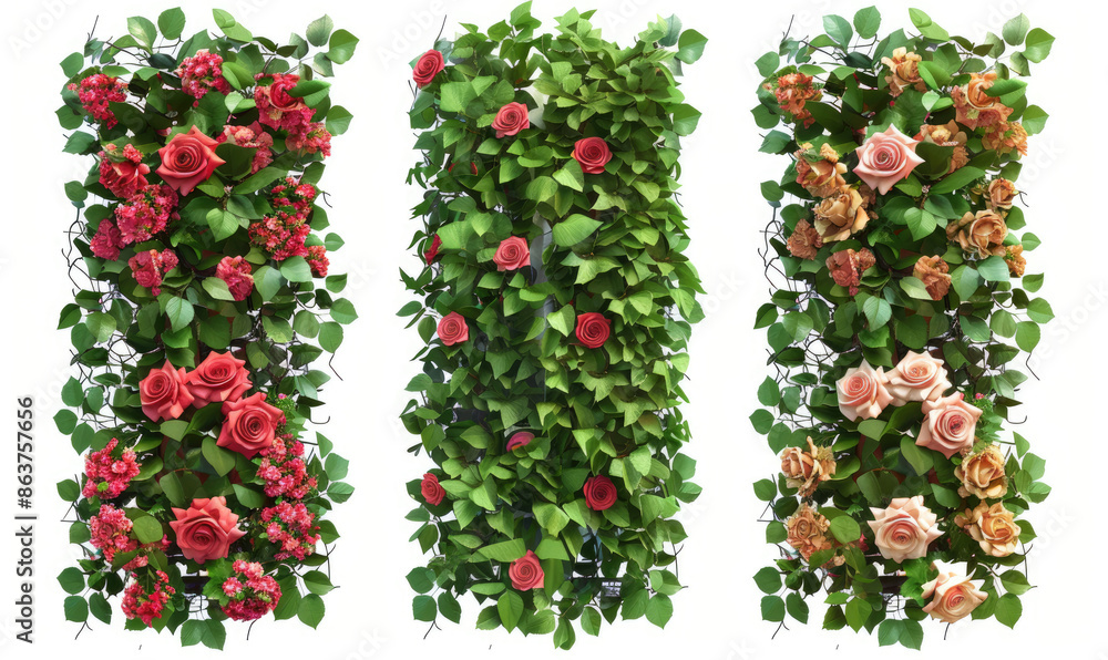 Set of decorative vertical green walls covered with climbing plants and flowers Set of decorative vertical green walls covered with climbing plants and flowers