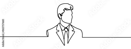 Businessman Continuous One Line Drawing. Male Silhouette Black Sketch Isolated on White Background. Male Professional Portrait Abstract Minimal Line Art Illustration. Vector EPS 10