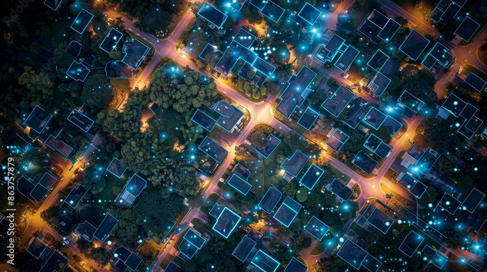 Suburban panorama at night, digital grid-lit homes, global tech integration, tranquility and connectivity.