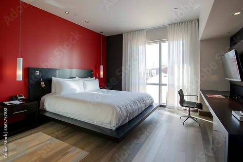 Wallpaper Mural A minimalist modern bedroom with a black platform bed, crisp white bedding, and a bold red accent wall. The room has light wood floors, a large floor-to-ceiling window with sheer curtains. Torontodigital.ca