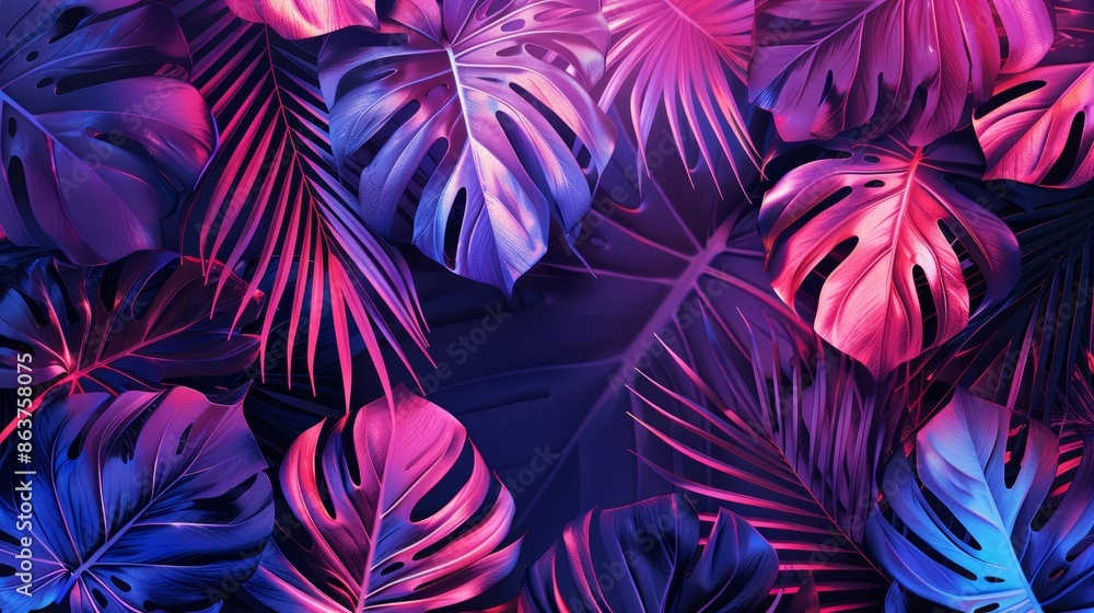 A sleek frame illustration featuring intricate neon patterns and tropical leaf silhouettes, ideal for adding a bold and contemporary feel to designs. A sleek frame illustration featuring intricate neon patterns and tropical leaf silhouettes, ideal for adding a bold and contemporary feel to designs.