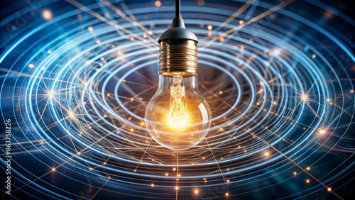 Illuminated light bulb suspended in mid-air, surrounded by glowing circular lines, symbolizing brilliant ideas and innovative business concepts. photo