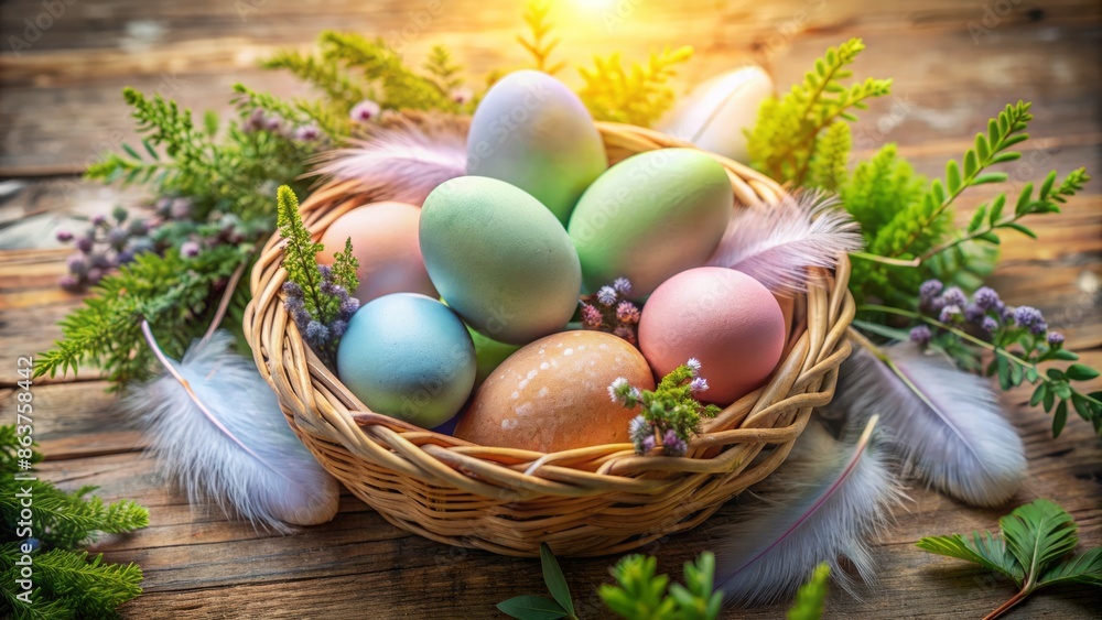 Vibrant pastel Easter eggs nestled in a delicate woven basket filled with soft, fluffy feathers and lush greenery surrounds. Vibrant pastel Easter eggs nestled in a delicate woven basket filled with soft, fluffy feathers and lush greenery surrounds.