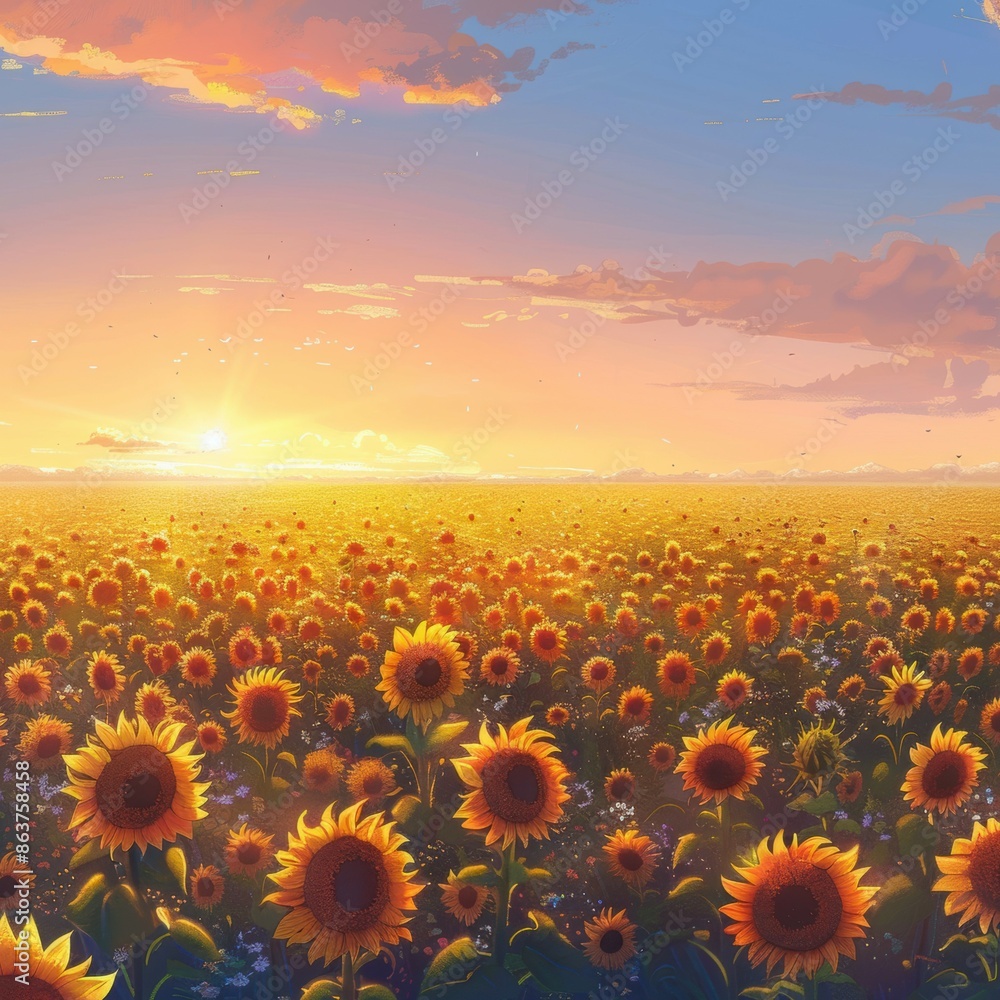 Fototapeta premium Vibrant sunflower field at sunset with golden sky, creating a stunning and colorful natural landscape perfect for backgrounds or art.