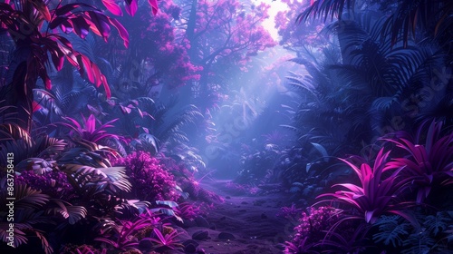 A neon frame outlines a lush jungle setting, with neon foliage adding a surreal and dreamy quality to the scene.