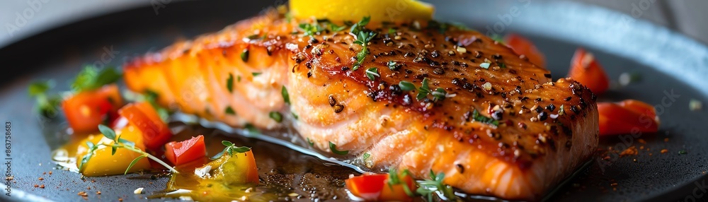 An Elegant presentation of a gourmet salmon dish with garnishes in a fine dining setting An Elegant presentation of a gourmet salmon dish with garnishes in a fine dining setting
