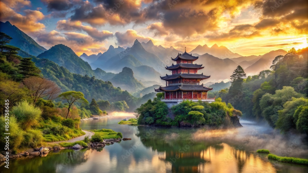 Serenene oriental backdrop featuring majestic temple on a hill overlooking meandering river surrounded by majestic mountains and wispy clouds. Serenene oriental backdrop featuring majestic temple on a hill overlooking meandering river surrounded by majestic mountains and wispy clouds.