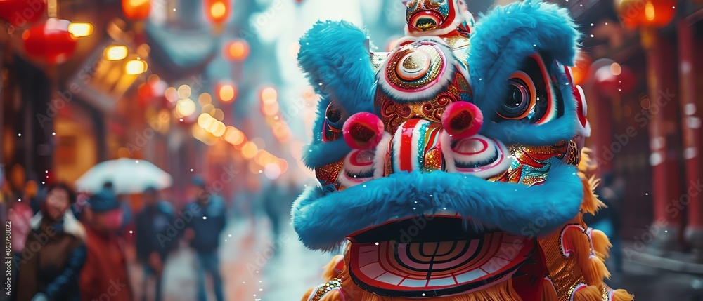 Fototapeta premium Closeup of a colorful Chinese dragon costume during a festive celebration in a bustling street