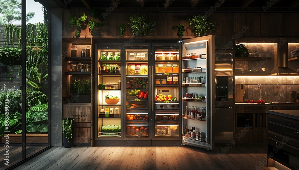 Refrigerator full of fresh vegetables and fruits. 3d rendering