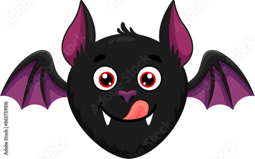 Cartoon Halloween bat emoji character. Isolated vector cute vampire animal emoticon with pointy ears, wings, tongue and red eyes, showcasing its playful and spooky vibe for holiday season celebration