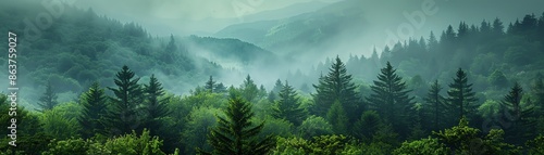 Misty evergreen forest at dawn, rolling hills, lush greenery, atmospheric perspective, ethereal ambiance photo