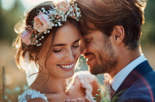 Smiling Bride and Groom Embrace on Their Wedding Day