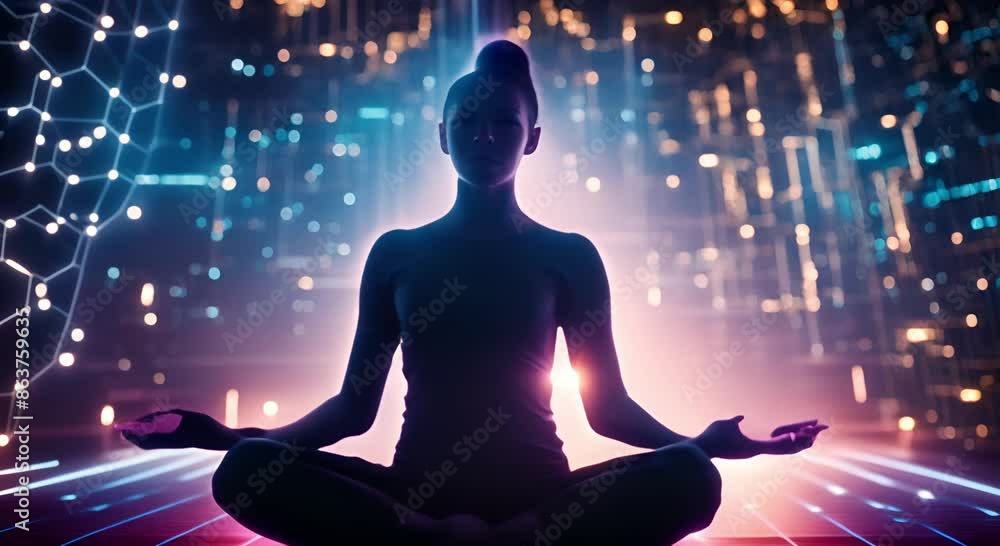 Silhouette of person meditating digital futuristic interface with glowing neon and data flow Silhouette of person meditating digital futuristic interface with glowing neon and data flow