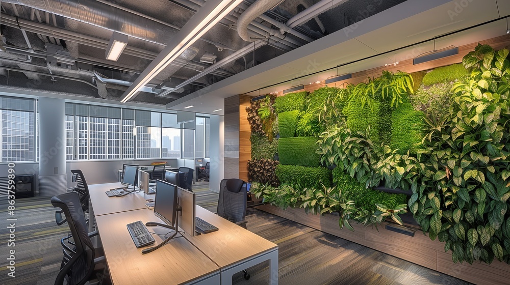 A sustainable office design featuring recycled materials, a living green wall, and energy-efficient lighting fixtures A sustainable office design featuring recycled materials, a living green wall, and energy-efficient lighting fixtures