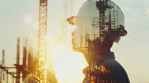  Close-up to a male construction engineering concept representing a silhouette of a man wearing safety helmet with construction reflection