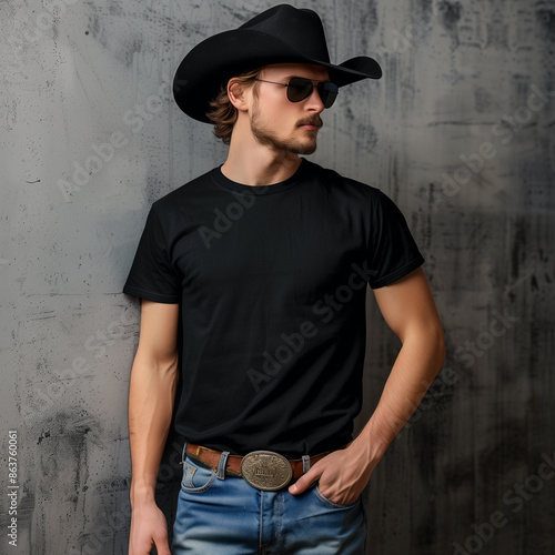 Handsome male in cowboy hat wearing blank black t shirt as a mockup for printing photo