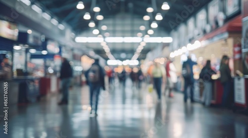 A softly blurred shot of a wide stadium concourse, with blurred fans and vendors during an event