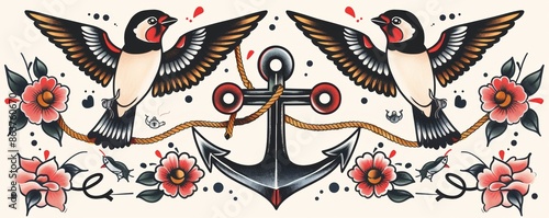 Traditional tattoo-style nautical imagery of swallows and anchors with isolated background, bold outlines, and flat colors.