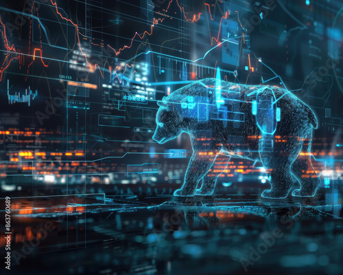 Digital bear silhouette amidst futuristic stock market trading charts and data visualizations at night