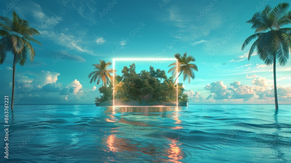 Fototapeta premium A unique illustration of a neon frame framing a tropical island, with clear blue skies and crystal-clear waters, representing an idyllic paradise.