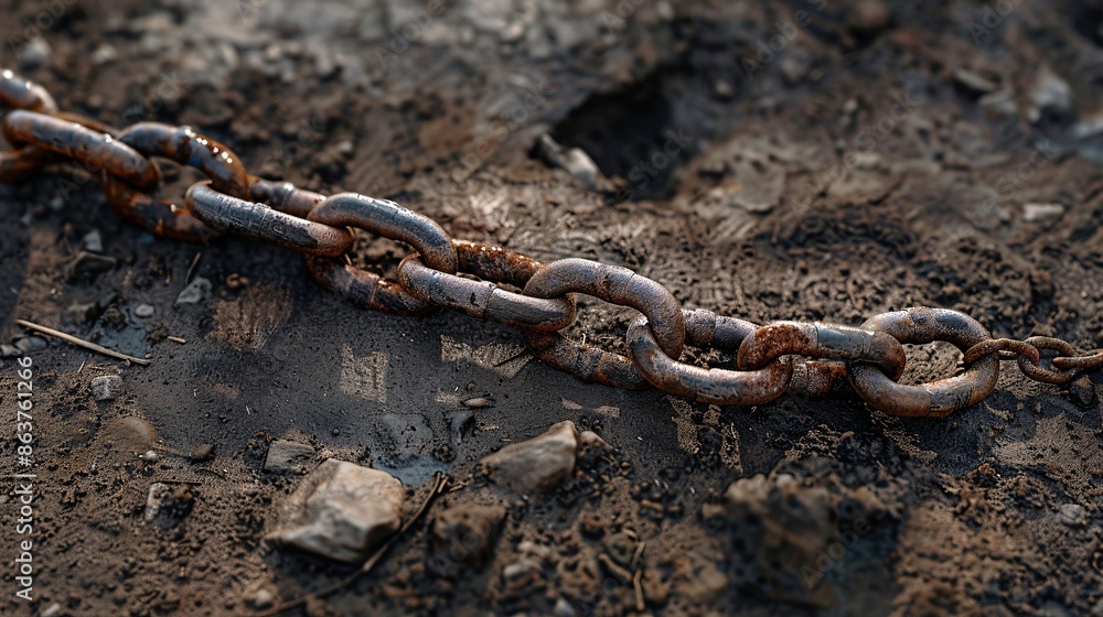 An aged metal chain rests on the floor. An aged metal chain rests on the floor.