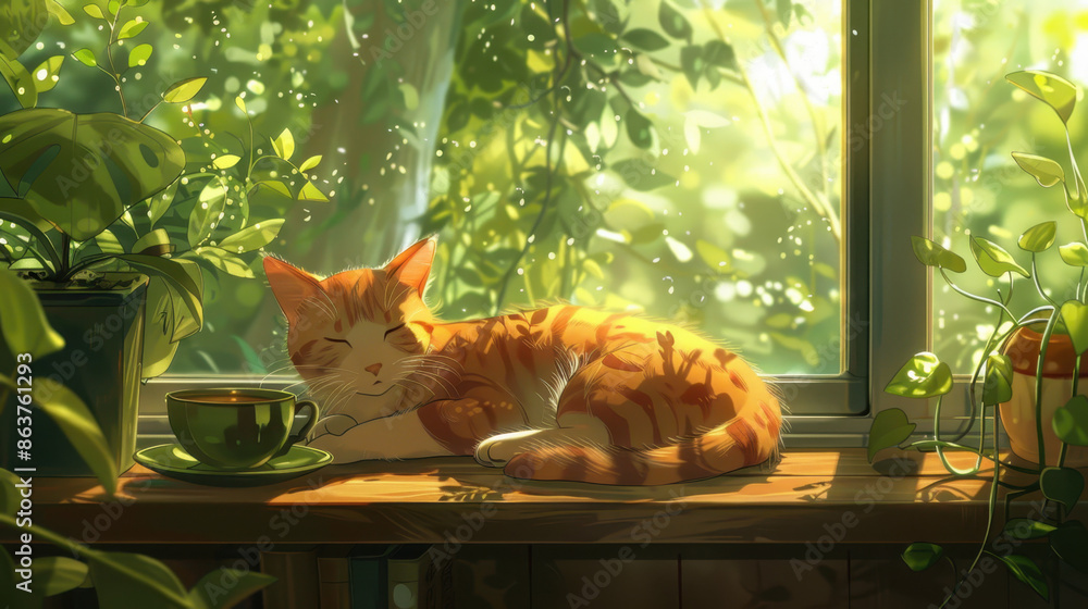 Orange tabby cat sleeping on a windowsill with houseplants and cup of ...
