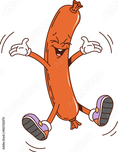 Cartoon sausage retro groovy breakfast character. Isolated vector joyful food personage with smiling face and hands raised, jumping or dancing. Sausage wearing shoes and exudes a lively and funky vibe