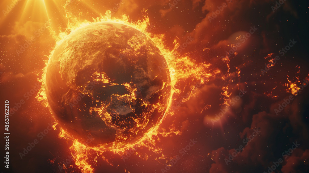 Miniature Earth globe on fire, extreme heat of the Sun, global warming, temperature increase Miniature Earth globe on fire, extreme heat of the Sun, global warming, temperature increase