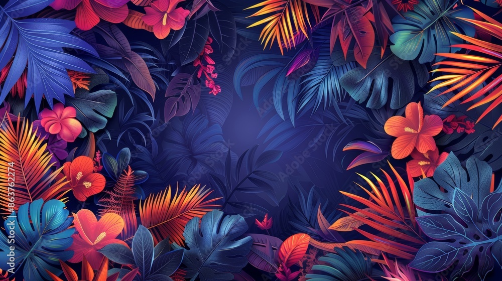 A neon frame with a tropical forest theme, featuring bright colors and intricate details that make the design visually appealing and engaging. A neon frame with a tropical forest theme, featuring bright colors and intricate details that make the design visually appealing and engaging.