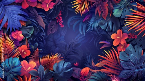 A neon frame with a tropical forest theme, featuring bright colors and intricate details that make the design visually appealing and engaging.