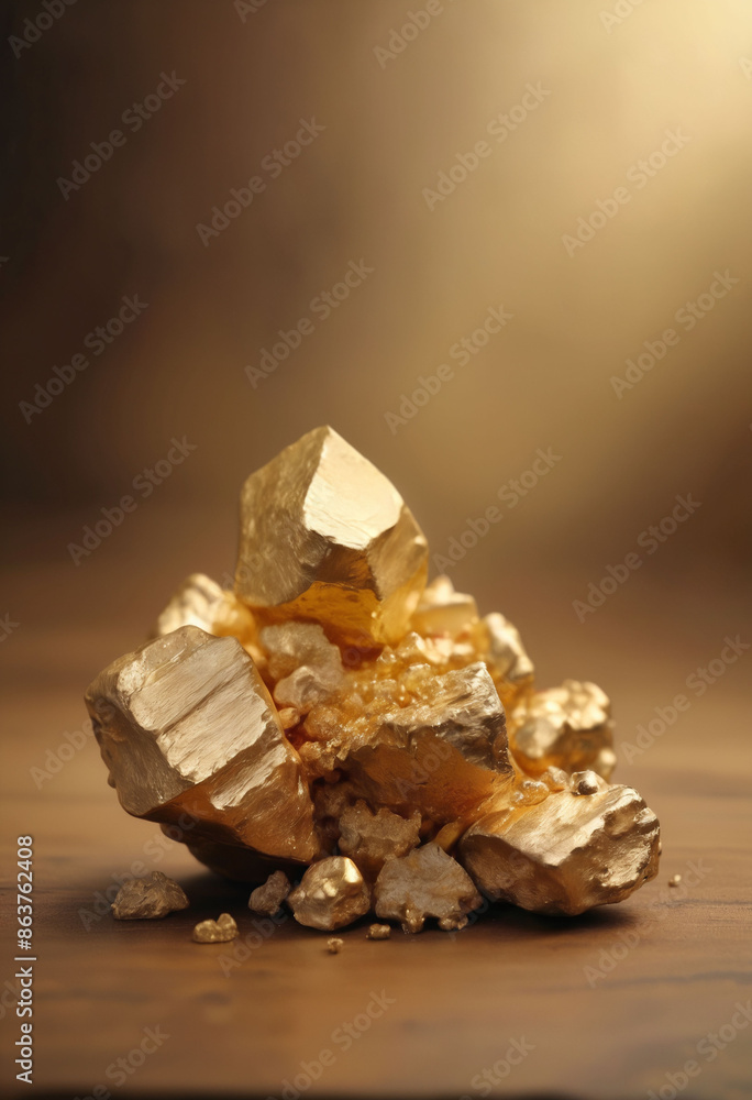 Pure gold minerals with golden light on old wooden background, blurred background Pure gold minerals with golden light on old wooden background, blurred background